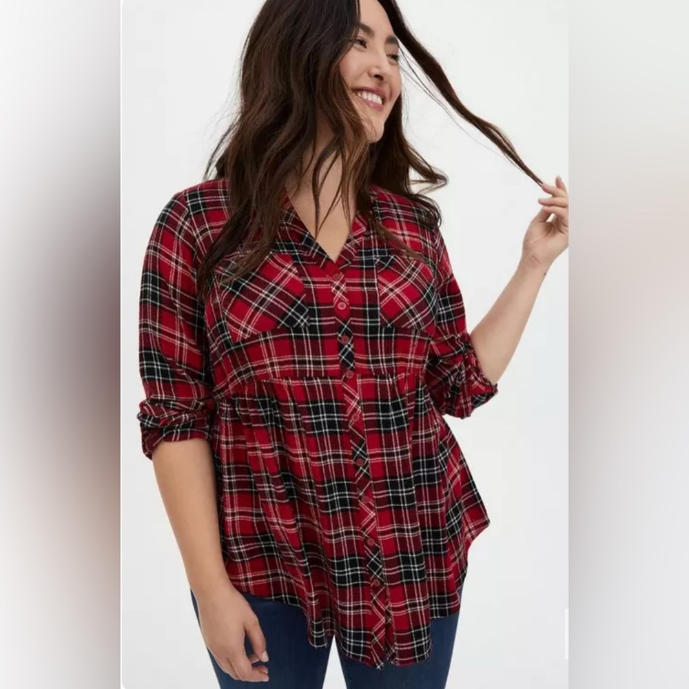Torrid Plaid Babydoll Button-Up Tunic Top